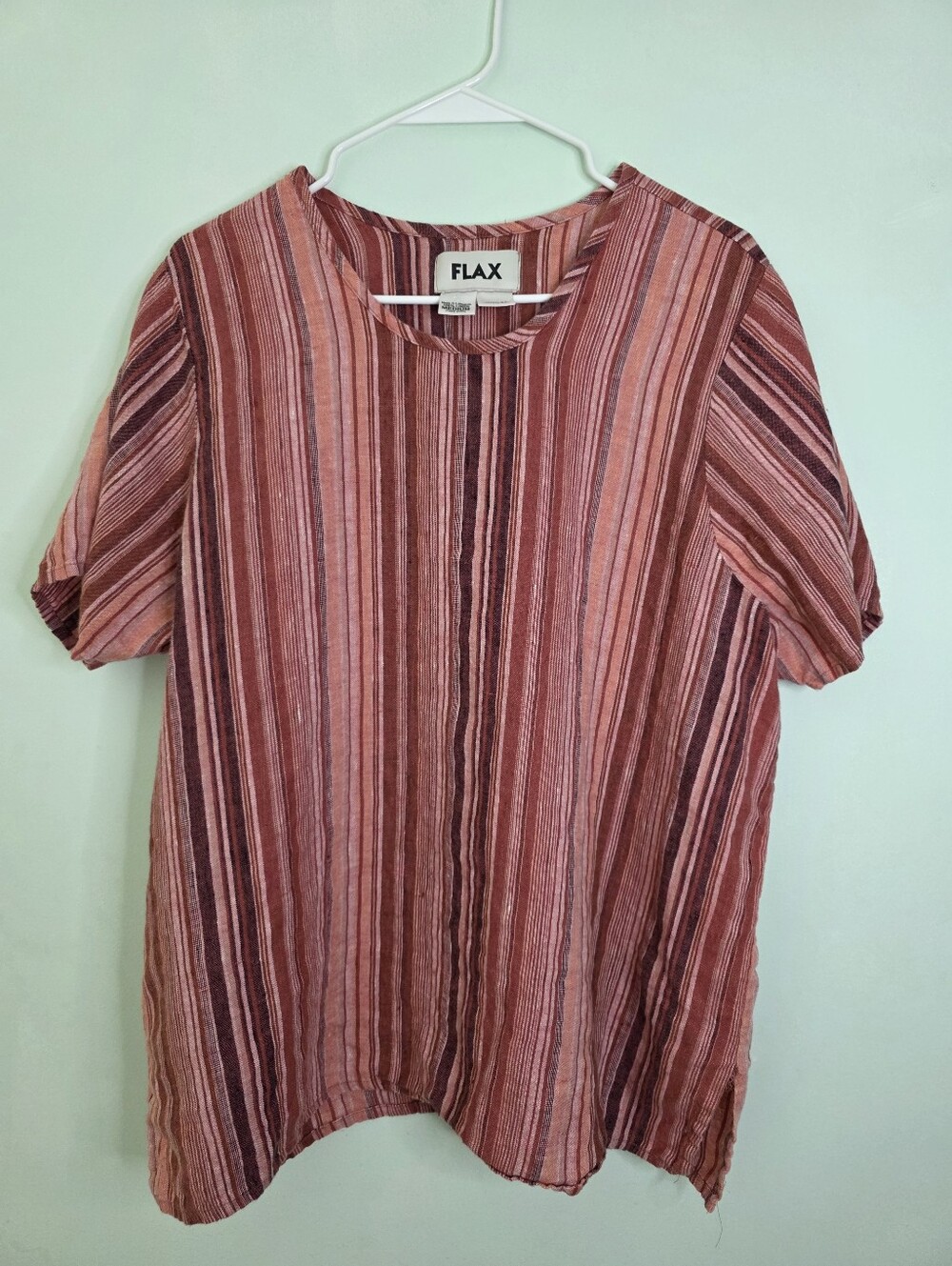 FLAX Striped Short-Sleeve 100% Linen Top in Rose and Peach Medium